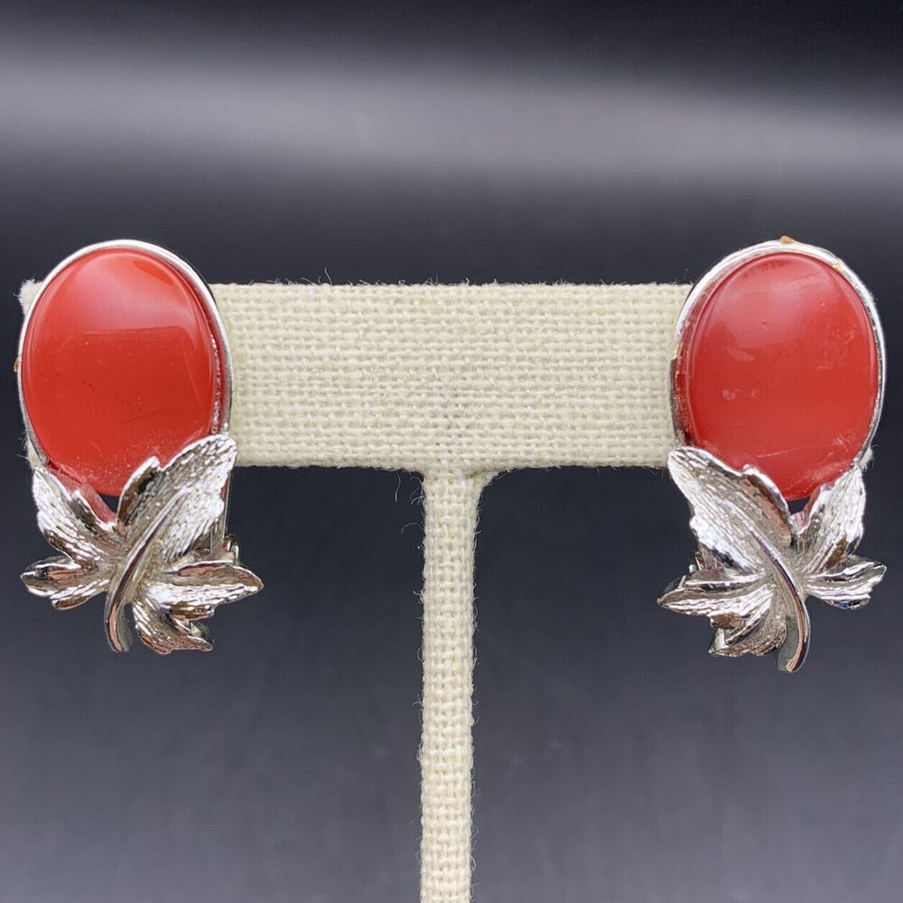 Coro Thermoset Clip On Earrings Leaf Silver Tone Red Mid Century Signed Vintage